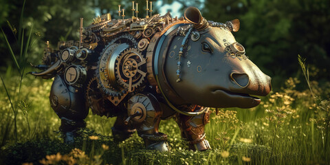 Fototapeta premium Steampunk clockwork hippo in nature, nature background, futuristic, cyberpunk implants.