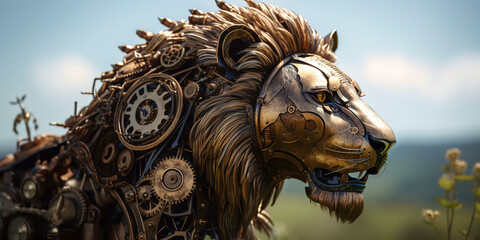 Fototapeta na wymiar photography of a Steampunk Lion in nature, nature background, futuristic, cyberpunk implants.