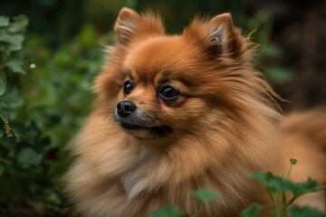Close up portrait of a Pomeranian Spitz dog in the garden. Adorable pomeranian dog out for a walk. Family friendly amusing Spitz pom dog on green grass. Generative AI