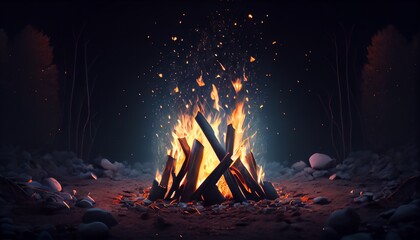 Bonfire. Large orange flame on a black background. Fire on black. Brightly, heat, light, camping