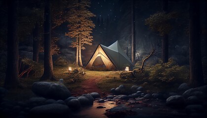 Tent in the woods under a beautiful starry night