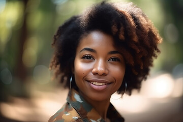 Attractive young emotional afro-american woman in a park. Generative AI