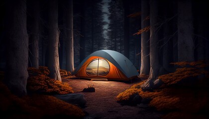 Tent in the woods under a beautiful starry night