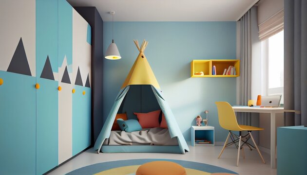 Minimal background image of cute kids room interior with play tent and decor in pastel colors, copy space