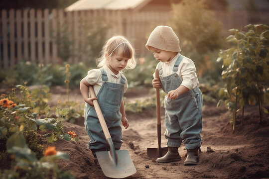 Kids gardening in the spring garden. Generative AI