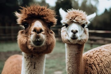 Obraz premium Alpacas up up and personal. Generative AI