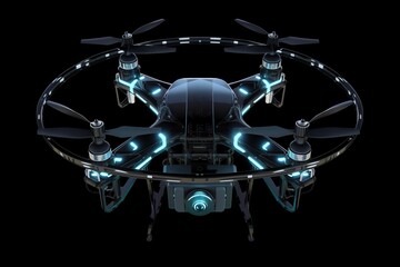 Obraz premium Realistic quadrocopter drone with propeller fans, front view, smmetrical, glowing backlit details on black background, AI generative