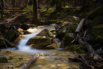 Naklejka na ściany i meble waterfall creek river water flow stone rock forest