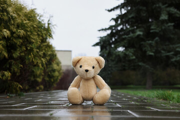 Lonely teddy bear on stone sidewalk outdoors