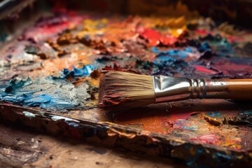 close-up view of an artists paintbrush on a colorful palette. Generative AI