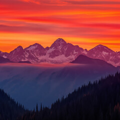 Obraz premium Sunrise Over the Cascade Mountains in Washington State, AI