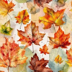 Seamless floral background with Autumn maple leaves, in readh and warm red, orange and yellow colors, AI generative illustration watercolor style