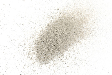Fototapeta na wymiar Pile of light dust scattered on white background, top view