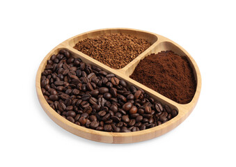 Wooden plate of beans, instant and ground coffee on white background