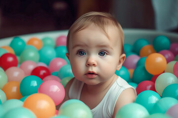 Fototapeta na wymiar Cute sweet little baby in a dry swimming-pool with colorful plastic balls. Generative AI