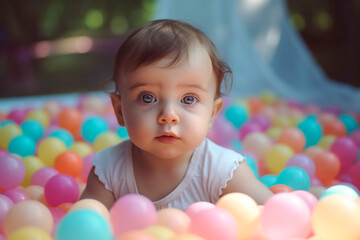 Fototapeta na wymiar Cute little baby in a dry swimming-pool with colorful plastic balls. Generative AI