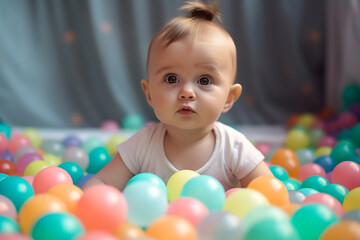 Fototapeta na wymiar Cute baby in a dry swimming-pool with colorful plastic balls. Generative AI