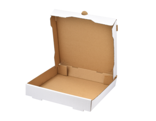 Empty cardboard pizza box isolated cutout on transparent