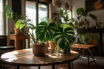 Tropical 'Rhaphidophora Tetrasperma' houseplant in flower pot on table in bohemian living room. Generative AI