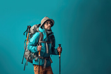  Adventuring with passion. Trekker with backpack and walking poles on blue background with space for text. Copy space. Travel concept AI Generative