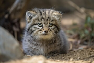 Naklejka na ściany i meble Cat of Pallas (Otocolobus manul). Manul resides in the Central Asian steppes and meadows. Picture of a little, cuddly kitten in a zoo sitting on the sand. Hunting inclination. Generative AI