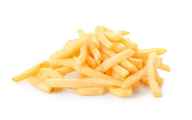 Tasty french fries on white background