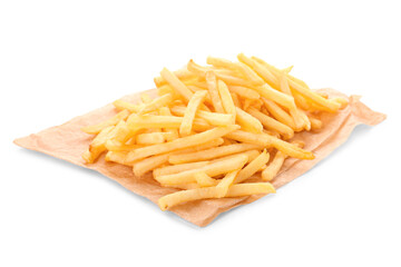 Tasty french fries on white background