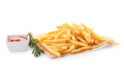 Tasty french fries and ketchup on white background