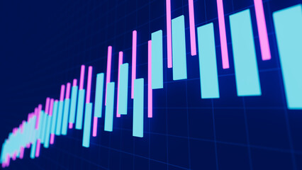 Statistics in blue and purple bars on dark blue stage, statistics, finance, banking and other theme, 3d illustration