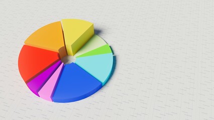 Obraz premium Pie chart of different colors on white table, statistics, finance, banking and other theme, 3d illustration