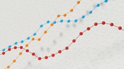 Point statistics of blue, magenta and yellow colors on white blue background, thematic of profitability, finance, sustainability among others, 3d rendering