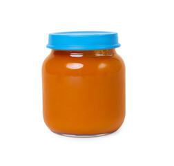 Glass jar with healthy baby food isolated on white