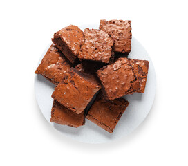 Plate with pieces of tasty chocolate brownie isolated on white background