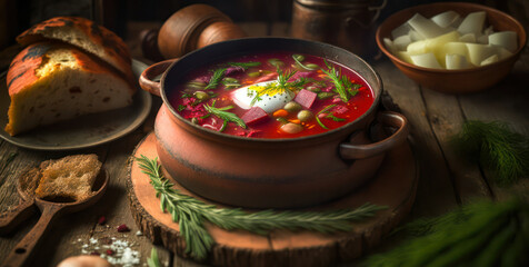 Ukrainian beetroot borscht with beef in a clay pot, stands among products and ingredients on a wooden table. rustic style. generative AI