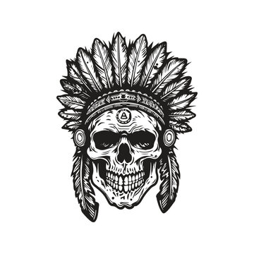 indian skull, logo concept black and white color, hand drawn illustration