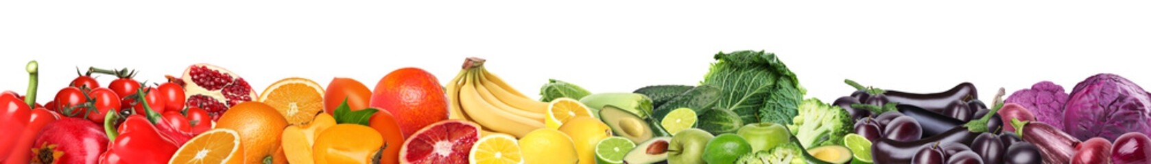 Many different fresh fruits and vegetables on white background. Banner design