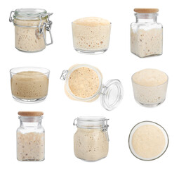 Collage with fresh leaven on white background