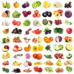Many fresh fruits and vegetables on white background, collage design