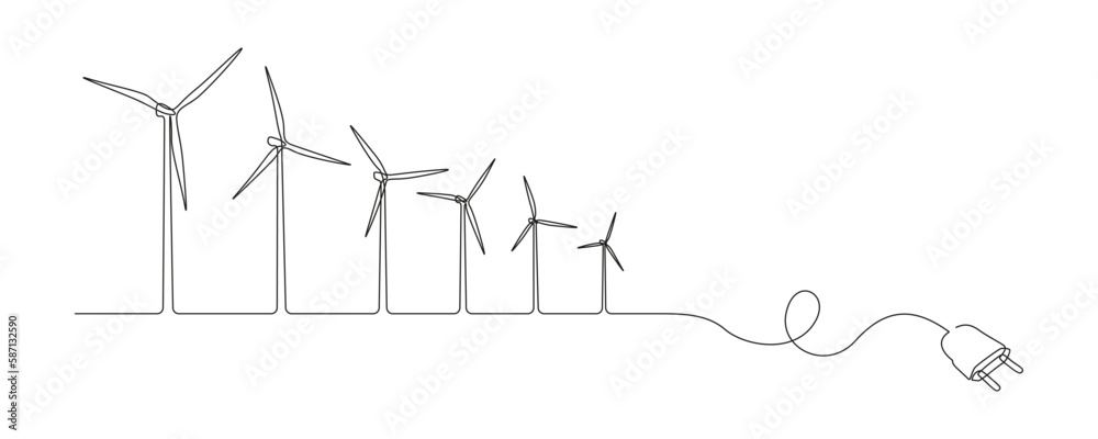 Poster wind turbines and plug in one continuous line drawing. green energy and renewable source of power co