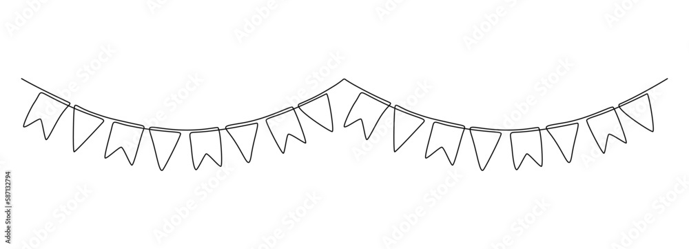 Poster garland bunting with flags in one continuous line drawing. birthday and jubilee party decoration in 