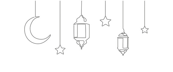 Ramadan kareem in one continuous line drawing. Islamic decoration with lantern, star and moon in simple linear style. Arabic religious holiday celebration. Editable stroke. Doodle vector illustration