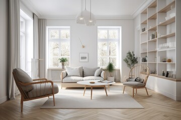 Naklejka na ściany i meble Interior of a light living room with a coffee table, bookcases, armchair, curtain, and wooden parquet floor. Scandinavian simple design idea for unwinding and comfort. Generative AI