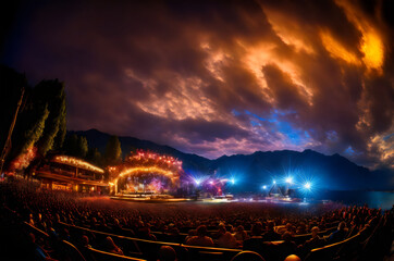 Fototapeta premium a concert with a sky full of clouds and mountains - Generative AI