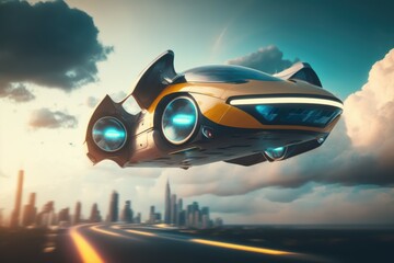 Futuristic model of a flying car. AI generated, human enhanced.