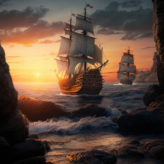 Susan Constant, Godspeed, and Discovery ships crossing the Atlantic and arriving in Jamestown, first English settlers, mostly wavy ocean, ships in the distance