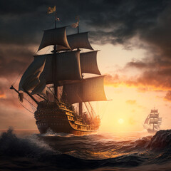 Susan Constant, Godspeed, and Discovery ships crossing the Atlantic and arriving in Jamestown, first English settlers, mostly wavy ocean, ships in the distance