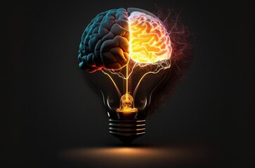 Lightbulb and Human Brain with Inside a lightbulb is a luminous human brain against a dark background. Generative AI