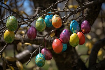 Colorful Easter Eggs Hanging from a Tree Branch. Generative AI