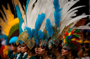 a group of women wearing colorful feathers and headdresses - Generative AI