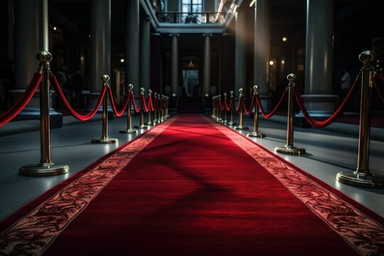 Luxury red carpet with selective focus. Blurred defocused background as copy space. AI generated, human enhanced